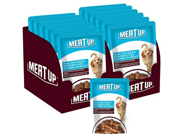 Meat Up Wet Dog Food 6 Pouches , Real Chicken and Chicken Liver Chunks in Gravy - 1/1