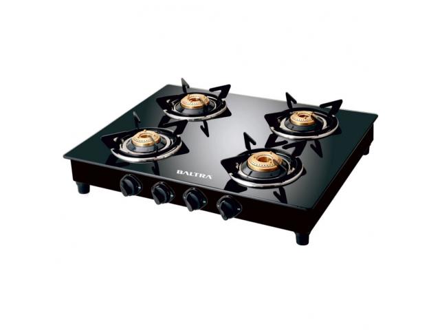 Baltra Glimmer Glass Top Gas Stove 4 Brass Burner Manual Ignition - 1/1