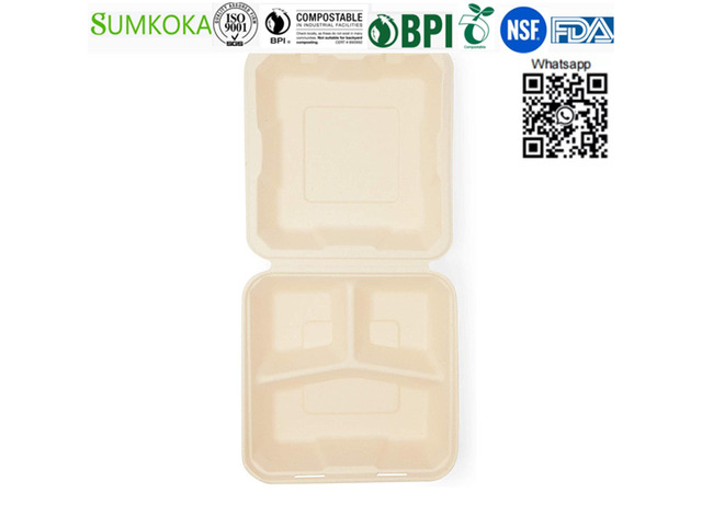 8 inches disposable bagasse clamshell box sugarcane food box - 2/4