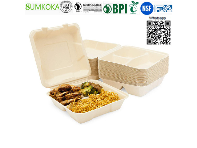 8 inches disposable bagasse clamshell box sugarcane food box - 3/4