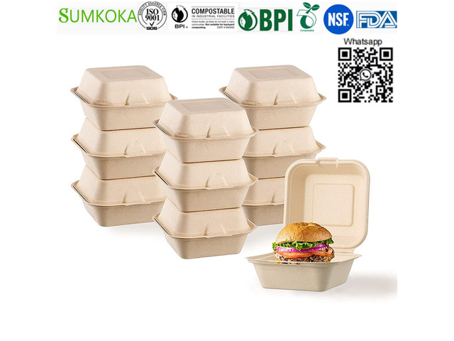 6 inches disposable bagasse clamshell box sugarcane hamburger box - 3/4